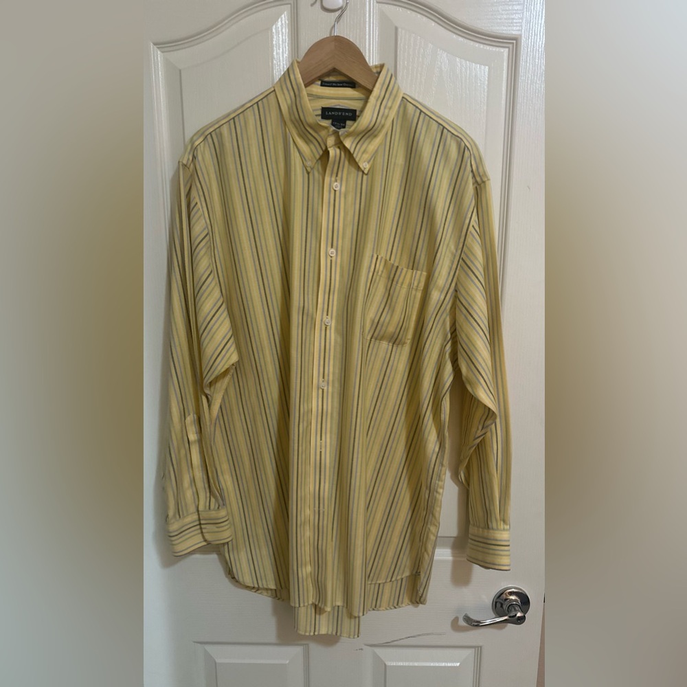 NWOT Men’s LAND END Supima Non Iron‎ Oxford Yellow Striped Dress Shirt. 17.5-34.